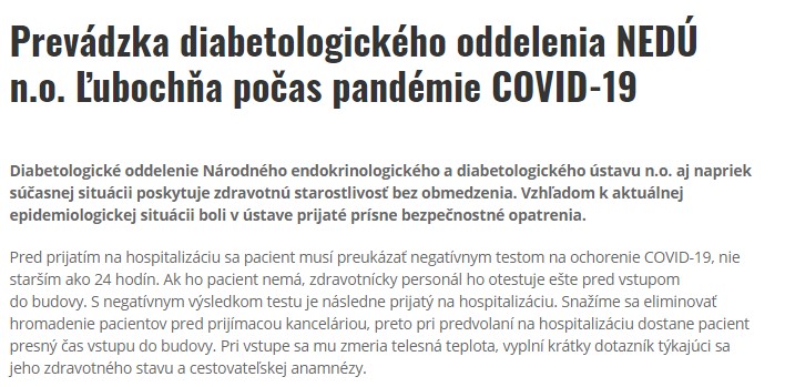 Prevádzka diabetologického oddelenia NEDÚ n.o. Ľubochňa počas pandémie COVID-19